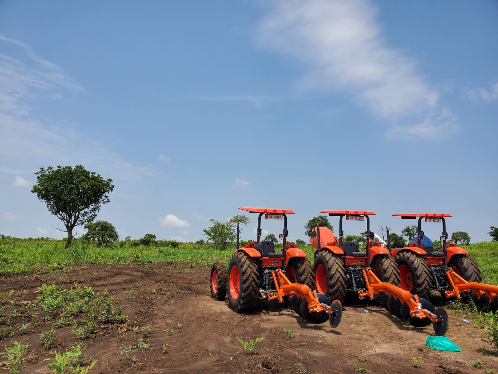 Kubota tractors with disc ploughs lined up at the Lakang demonstration site