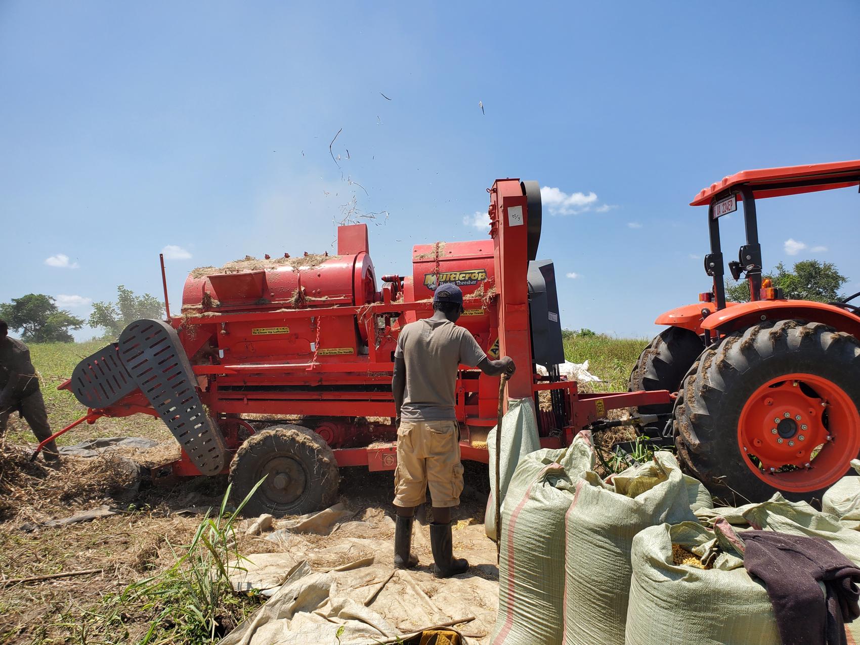 Bagging soya at the cooperative grain thresher in the field